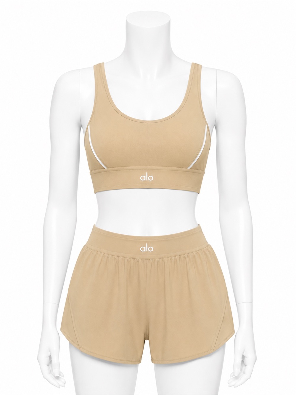 ALO Yoga Airlift Suit Up Bra and Match Point Shorts in Macadamia